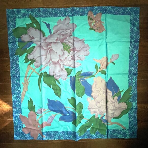 NEW Thai Turquoise Silk Scarf - Floral. 33" x 34.5" - Picture 1 of 6